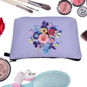 Lavender floral makeup bag with pink roses and zipper closure on white background