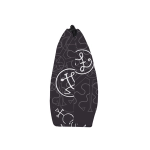 Detail of durable polyester makeup bag with white sigil print and sturdy black zipper