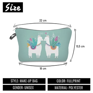 Mint green polyester makeup bag with llama love print and zipper closure details