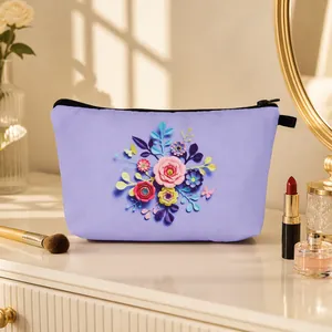 3D Floral Print Cosmetic Bag For Women Polyester Water-resistant Toiletry Pouch Travel Makeup Storage Organizer Zipper Clutch