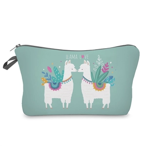 Mint green alpaca printed makeup bag with tropical leaf pattern and Llama Love text