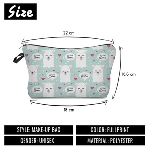 Borsa da trucco in poliestere con stampa alpaca e tabella delle dimensioni incluse