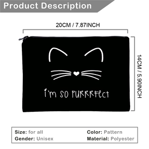 Digital print smiley cat makeup bag with 'I'm SO PURRRFEct' text, size 20x14cm