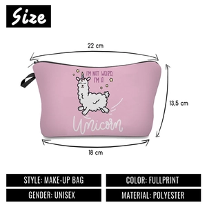 Pink alpaca unicorn digital print makeup bag for travel with dimensions 22x13.5x18cm