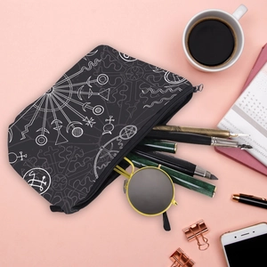 Black canvas cosmetic bag with mystic astrology prints and large capacity for storage