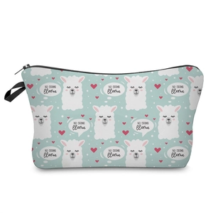 Blue Llama print cosmetic bag with No Drama Llama text and black zipper closure