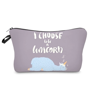 Purple digital print travel makeup bag with unicorn alpaca design and zipper closure