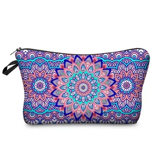 Mandala pattern makeup bag with colorful floral prints and a convenient wrist strap