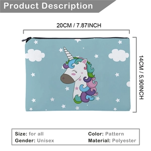 Light blue polyester makeup bag featuring a cute unicorn print and zipper closure