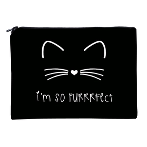 Black canvas cosmetic bag featuring a white smiling cat print and PURRRfect text