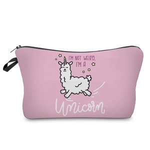 Pink canvas cosmetic travel organizer bag featuring a cute llama unicorn cartoon design