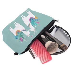 Llama print canvas makeup bag with floral design and practical travel storage space