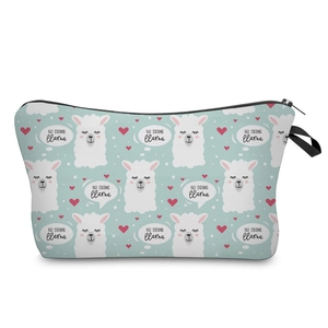 Detail of cute alpaca print with No Drama Llama text on blue travel cosmetic bag