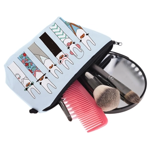 Blue digital print makeup bag with cute cartoon rabbits and travel accessories