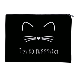 Detail view of black canvas makeup bag with white cat face and I'm so PURRRFEct text