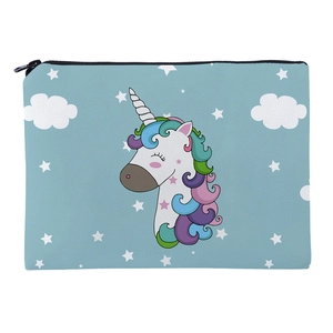 Blue canvas digital print unicorn makeup bag with stars and clouds zip pouch organizer