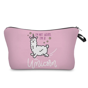 Pink cosmetic pouch featuring cute unicorn alpaca print with black zipper and wristlet strap