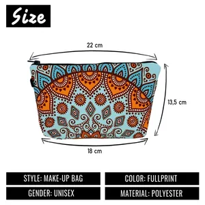 Digital mandala print polyester cosmetic bag for travel with zipper closure and dimensions
