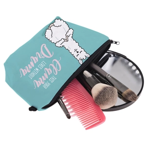 Mint green alpaca cosmetic bag with zipper, storage for makeup brushes and mirrors