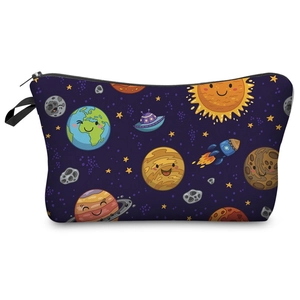 Cosmetic bag with cute cartoon space prints and purple fabric with a side handle