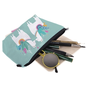 Mint green llama love print makeup bag for travel storage and stationery use