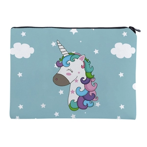 Detail of canvas pouch showing unicorn digital print and durable metal zipper