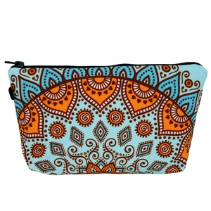Mandala print makeup bag with vibrant orange and blue patterns and a black zipper