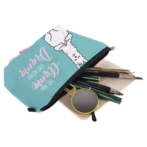Teal yoga alpaca print makeup bag with This Yoga Llama Lives Without Drama text