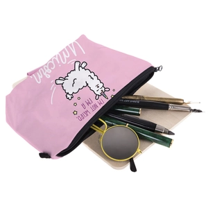 Pink canvas pouch with unicorn alpaca print, multipurpose travel storage bag for women