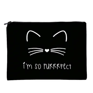 Cartoon Cat Face Print Cosmetic Bag Polyester Oxford Cloth Toiletry Bag Women Travel Makeup Organizer Clutch Zipper Pouch