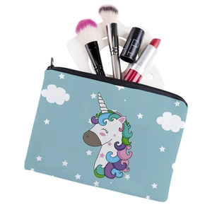 Cute blue unicorn digital print cosmetic bag with storage brushes and stationery items