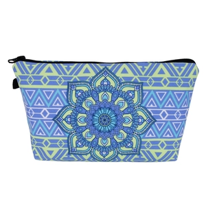 Mandala print makeup bag with lotus pattern and blue-green geometric motifs for travel