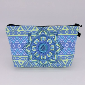 Mandala print digital makeup bag with blue and green patterns and black zipper closure