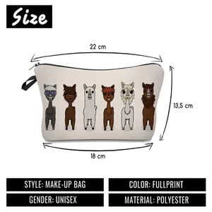 Digital print makeup bag featuring cute alpaca patterns with size chart and dimensions
