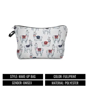 Digital llama print travel makeup bag with size chart measurements and polyester details