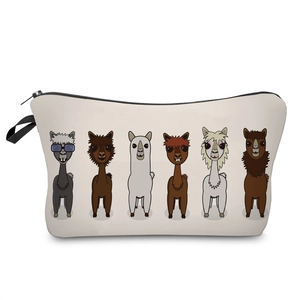Detail view of alpaca print makeup bag with black zipper and wrist strap on white background