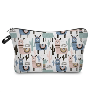 Detail of digital alpaca print makeup bag with durable black zipper and side handle loop