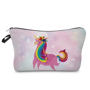 Close-up of pink llamacorn pattern on a gradient purple travel makeup organizer bag
