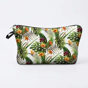 Women Tropical Green Leaf Print Cosmetic Bag Polyester Floral Travel Toiletry Makeup Storage Bag Zipper Handheld Pouch