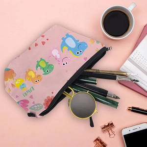 Pink waterproof travel makeup bag with cute dinosaur prints and zipper closure