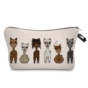 Cosmetic bag with cartoon alpaca prints featuring a black zipper and side strap handle