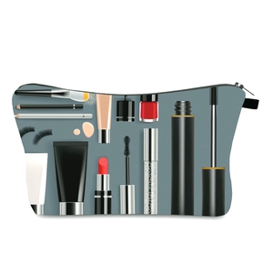 Detailed close-up of a digital print makeup bag with realistic cosmetic patterns and zipper