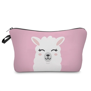 Detailed view of the pink alpaca makeup bag featuring durable fabric and black zipper