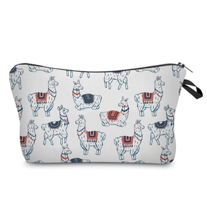 Llama print makeup bag with digital pattern, durable zipper, and portable hand strap for travel