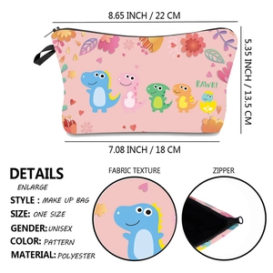 Pink waterproof dinosaur makeup bag for women with dimensions and handle detail