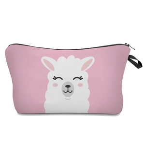 Borsa da trucco rosa con stampa di alpaca e cerniera nera per organizzazione viaggi
