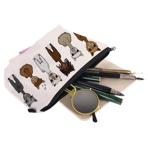 White canvas organizer pouch with cute cartoon alpaca prints for travel and stationery storage