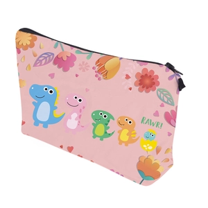 Pink waterproof travel makeup bag featuring cute colorful cartoon dinosaur prints