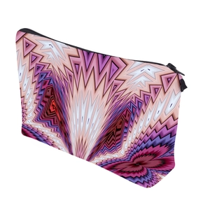 Colorful geometric kaleidoscope pattern cosmetic bag with black zipper on white background