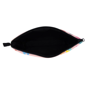 Pink waterproof makeup bag featuring cute dinosaur patterns and spacious black lining